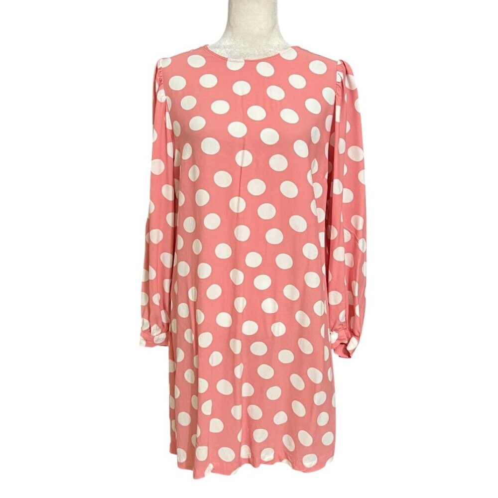 LOFT Pink Polka Dot Dress Womens Large Long Sleeve Casual Shift Retro Style